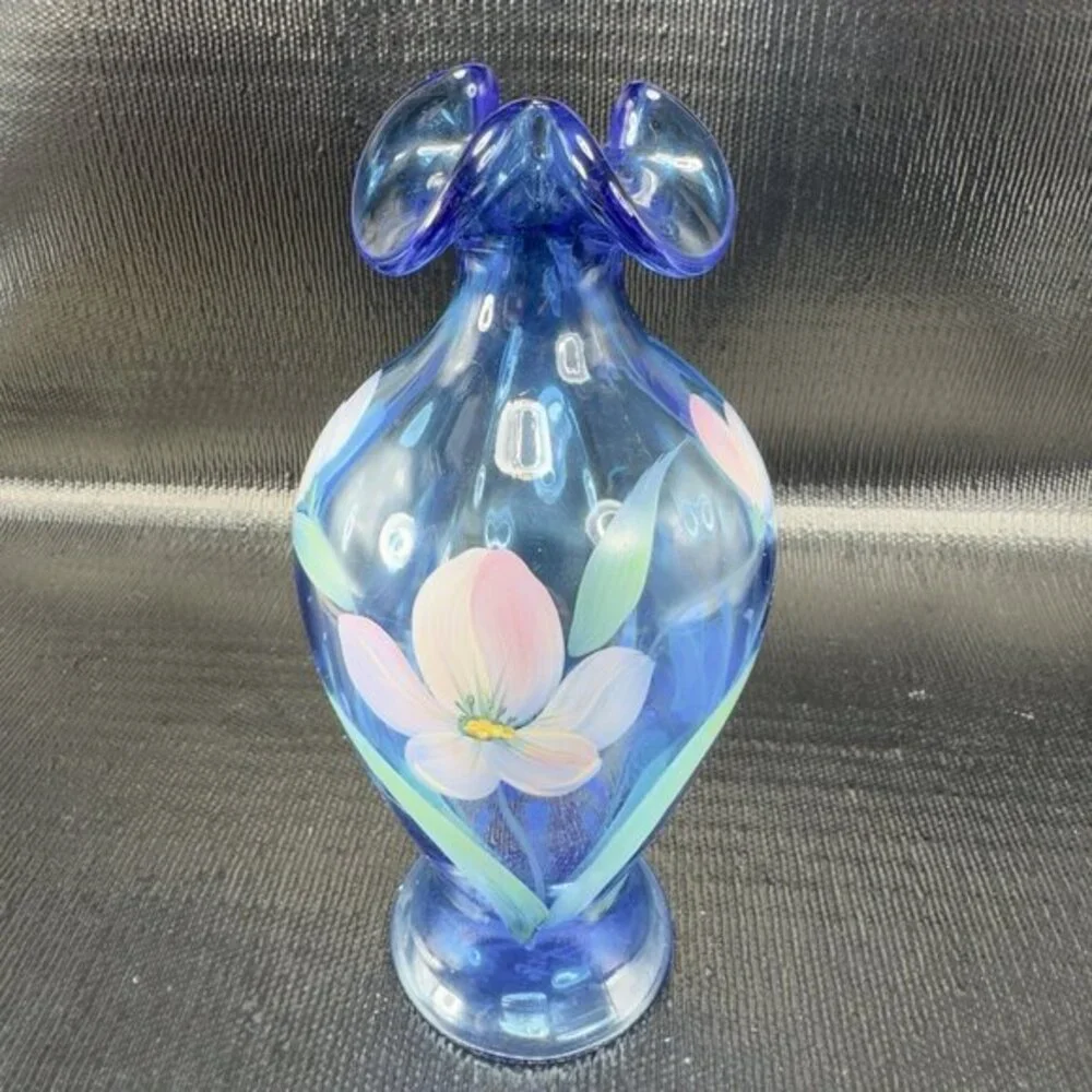 Vintage Fenton Art Glass Vase‎ Vessel Blue Hand Painted Flowers W Sticker Vase